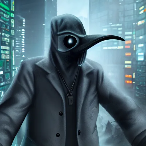 Prompt: cyberpunk inspired plague doctor hacking, 4 k, stunning, shifted angle