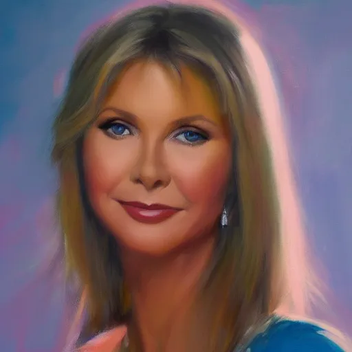 Prompt: closeup portrait of olivia newton john in the music video hopelessly devoted to you, evening, highly detailed oil painting, vladimir volegov, artstation