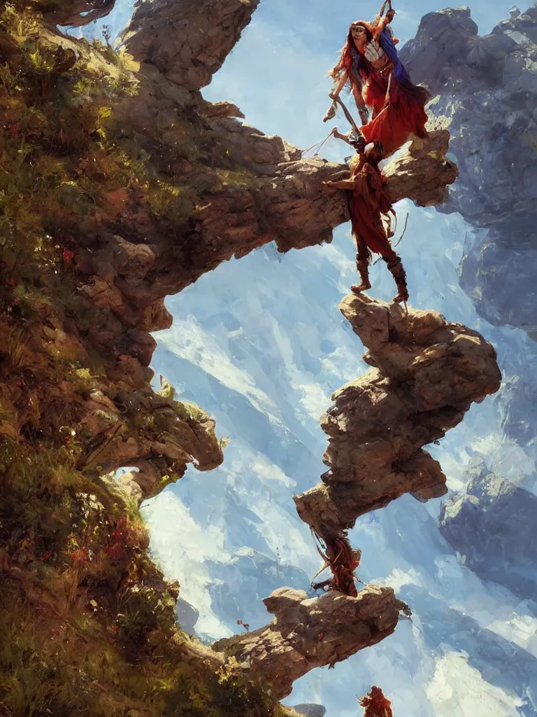 Image similar to oil art of young roma mage adventurer climbing down a cliffside in style of disco elysium character, gipsy jester character design from ravenloft, art by anders zorn, wonderful masterpiece by greg rutkowski, beautiful cinematic light, american romanticism by greg manchess, jessica rossier