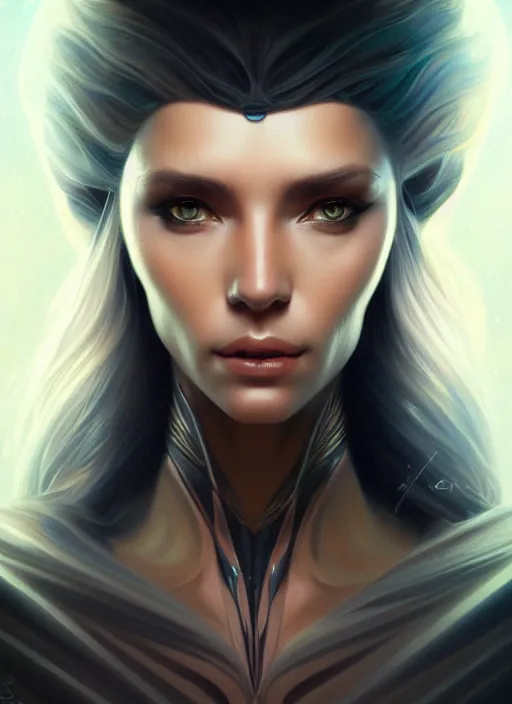 Image similar to futuristic woman portrait, sci-fi, amber eyes, face, long hair, fantasy, intricate, elegant, highly detailed, digital painting, artstation, concept art, smooth, sharp focus, illustration, art by artgerm and greg rutkowski and alphonse mucha