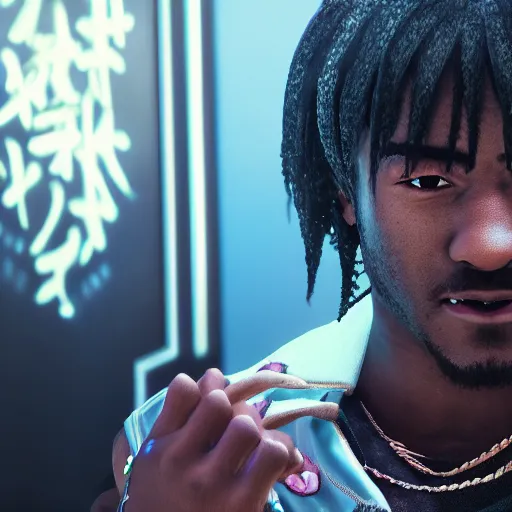 Prompt: a videogame still of Lil Uzi Vert in Tekken 7, portrait, 40mm lens, shallow depth of field, close up, split lighting, cinematic