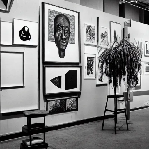 Image similar to A black and white photography of an exhibition space with works of Sun Ra, Marcel Duchamp and tropical plants, 60s, offset lithography print