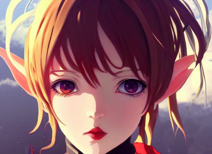 Image similar to ilya kuvshinov anime portrait fantasy elf girl, last exile, murata range, fine detail, perfect anime face, dramatic lighting, dynamic composition, art deco, cel shading, vivid, rich texture, alphonse mucha, ( ( ( colorful ) ) ), yoshinari yoh