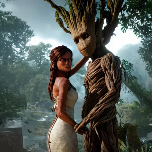 the groot marrying tomb raider, wedding scene,, Stable Diffusion