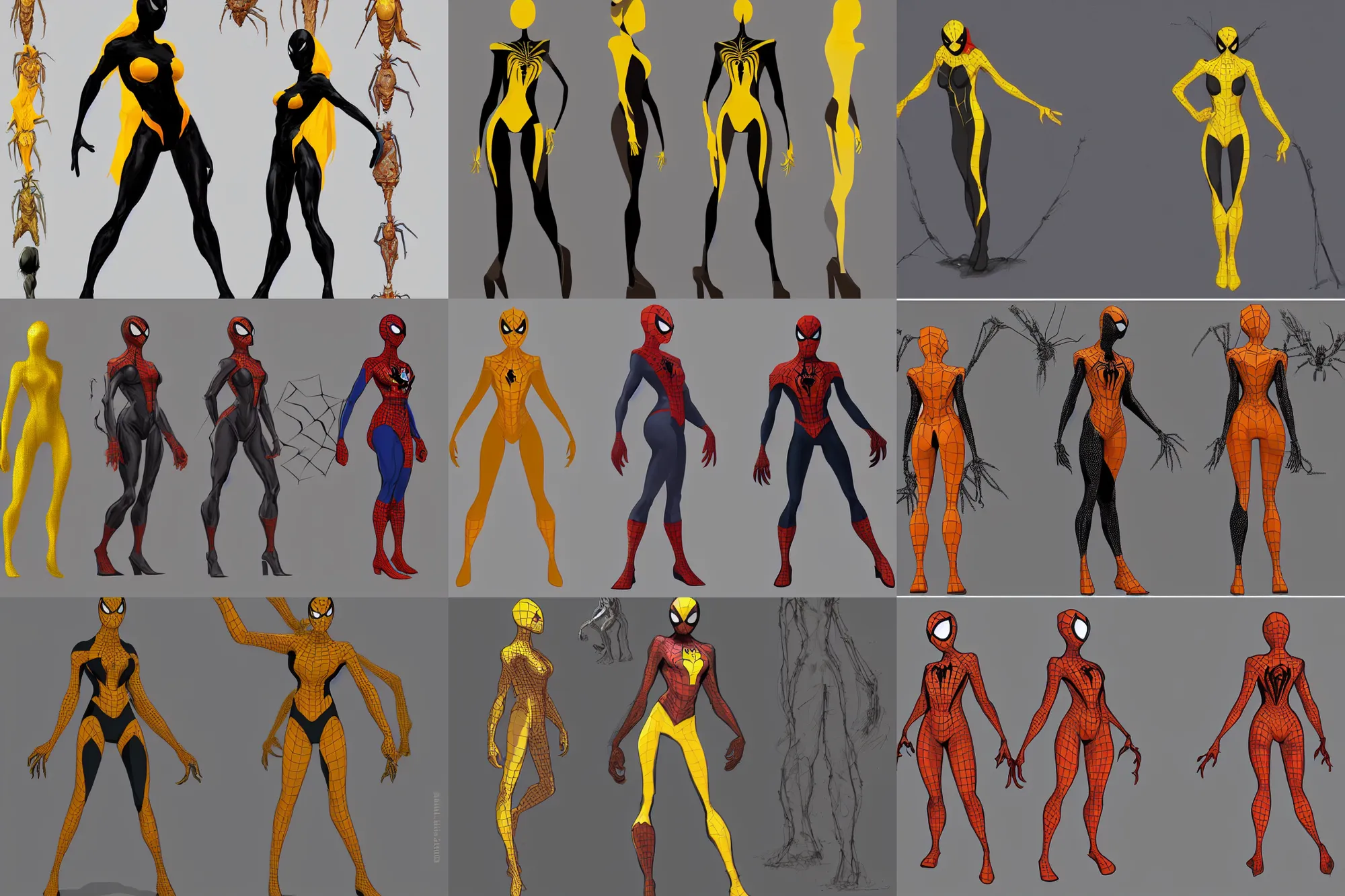 Prompt: full body character turnaround of a woman in an orb weaver spider inspired costume standing in a rock quarry, character sheet, matte painting, spiderman!!, spiderwoman!!, john singer sargent, good value control, highly detailed portrait, character turnaround, digital painting, concept art, sharp focus, smooth, 3 d model, illustration, yellow and black color scheme,