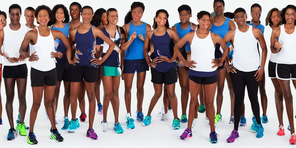 Image similar to Studio Photograph of starting line of many diverse marathon runners. multiple skintones. Frontal. Shot on 30mm Lens. Advertising Campaign. Wide shot. Fashion Studio lighting. White background.