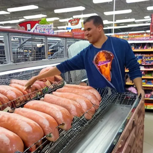 Prompt: photo of a pig shopping for sausages in WalMart