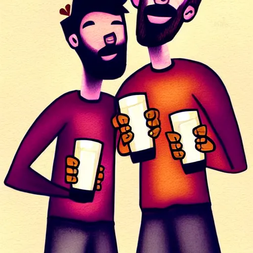 Image similar to two beautiful chad men drinking beers, hearts, friendship, love, sadness, dark ambiance, concept by Godfrey Blow, featured on deviantart, drawing, sots art, lyco art, artwork, photoillustration, poster art