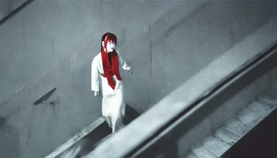 Image similar to 60s movie still of a white japanese female phantom bloody in infinite stairs, eastmancolor, heavy grain, high quality, higly detailed, liminal space