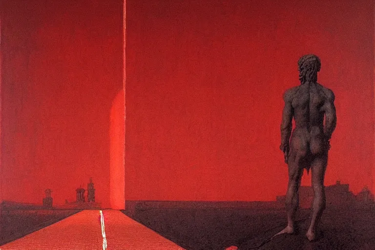 Image similar to only with red, caesar after war, a red tiger, in hoc signo vinces, rome in background, an ancient path, in the style of beksinski, part by hopper, part by rodcenko, part by hofbauer, intricate composition, red by caravaggio, insanely quality, highly detailed, masterpiece, red light, artstation