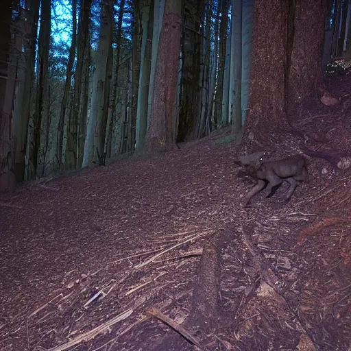 Prompt: 2 0 0 0 s cam trail footage in the forest of a demonic shadow figure with long claws at night