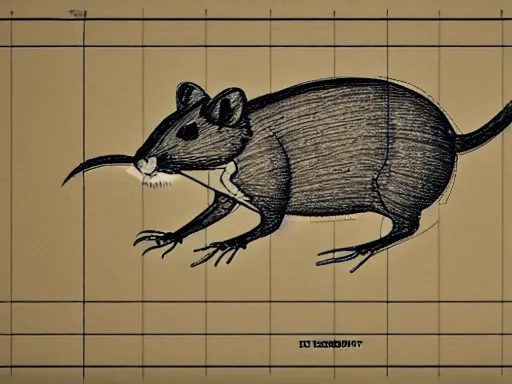 Prompt: blueprint technical drawing of a rat, schematic, sepia, old paper