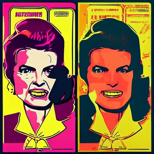 Image similar to individual jacqueline kennedy portrait fallout 7 6 retro futurist illustration art by butcher billy, sticker, colorful, illustration, highly detailed, simple, smooth and clean vector curves, no jagged lines, vector art, smooth andy warhol style