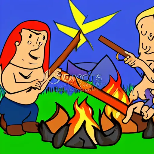 Image similar to cartoon of hillbilly with long blonde hair at a bonfire with his australian shepherd