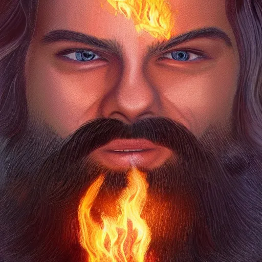 Image similar to art made of fire of a flawless man with long hair, with trimmed beard, smiling widely. fire in a shape of a man, extremely detailed, award-winning art, trending on Artstation