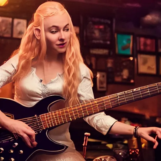 Prompt: Galadriel rocking a guitar solo in a dive bar, photograph