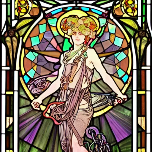 Prompt: goddess of camping, flimsy tent, rv, shiftpod, hammer, work gloves, ropes, fabric, burning man, intricate, stained glass by alphonse mucha