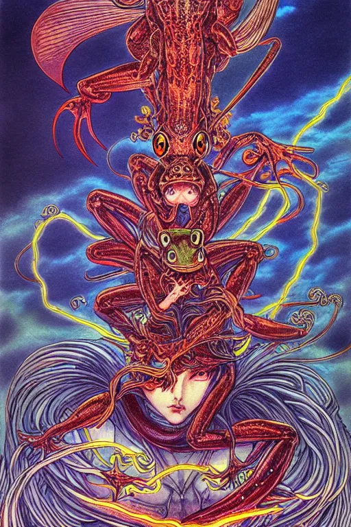 Prompt: illustration of a lightning demon riding a frog, intricate linework, in the style of moebius, ayami kojima, 1 9 9 0's anime, retro fantasy