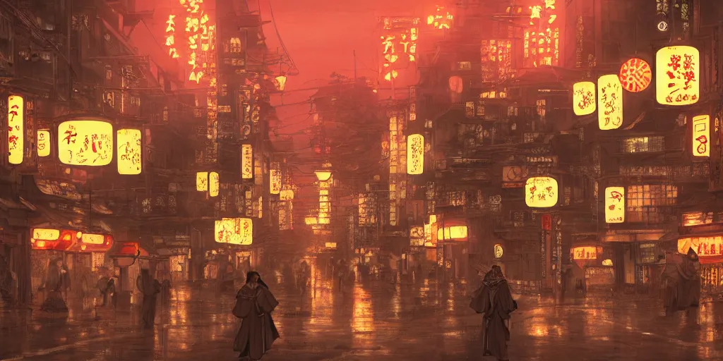 Image similar to feudal japan tokyo street at night, street level, cinematic lighting, 4k, trending on artstation, lots of lights, lots of signs, intricate illustration, digital art, ultra detailed, art by albert bierstadt