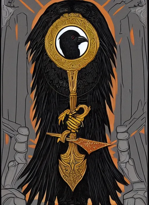 Prompt: portrait centered on a raven in a vantablack cloak and holding a symbolic weapon. art in the style of symbolism art style. portrait hung up in a windows 9 8 castle. r / oldschoolfantasy