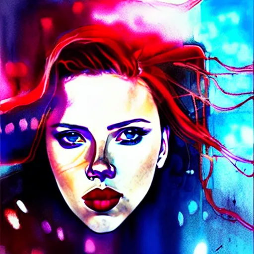 Image similar to pretty scarlett johansson black widow, symmetrical eyes, long red hair, half body, city rooftop by agnes cecile moebius bilal, very luminous design, light pastel colours, ink drips, autumn lights