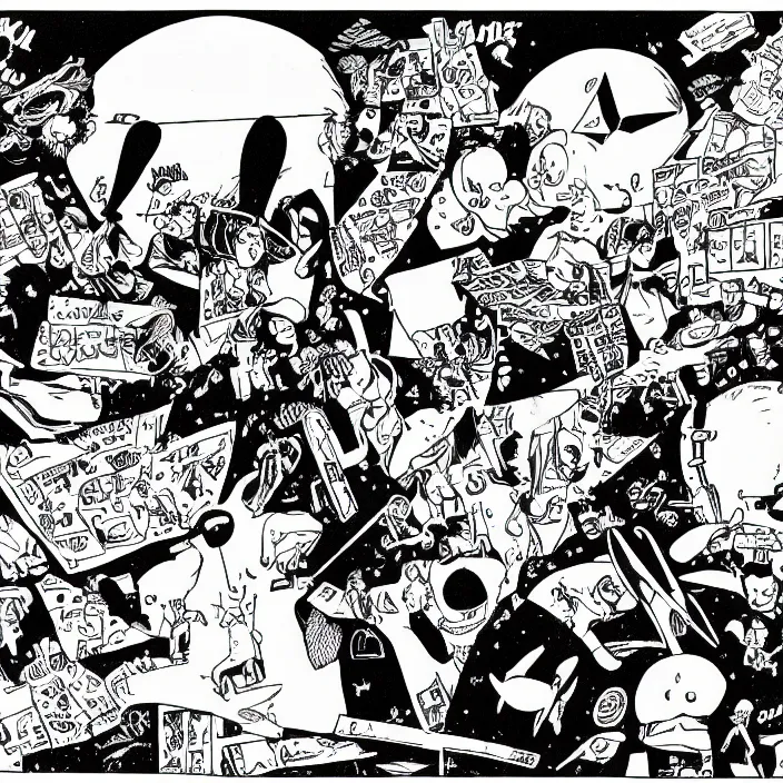 Image similar to a still frame from comic strip atlas molecule scientific weird 1 9 9 0, new yorker illustration, monochrome contrast bw, lineart, manga