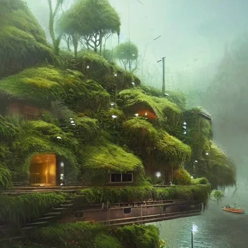 Prompt: a beautiful hyper realistic detailed concept art of floating buildings and infrastructure overgrown moss by alejandro burdisio, featured on artstation