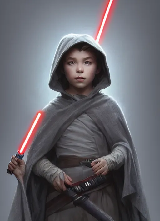 Image similar to perfectly - centered - portrait of a kid wearing grey cloak holding light saber, intricate, highly detailed, digital painting, artstation, concept art, smooth, sharp focus, illustration, unreal engine 5, 8 k, art by artgerm and greg rutkowski and alphonse mucha