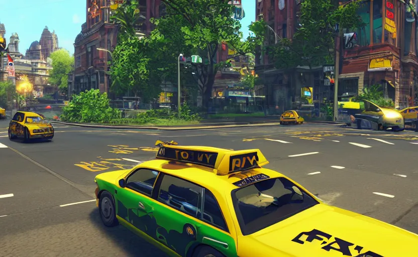 Prompt: ps 4 game about a frog driving a taxi, frog driving a taxi unreal 4 screenshot,