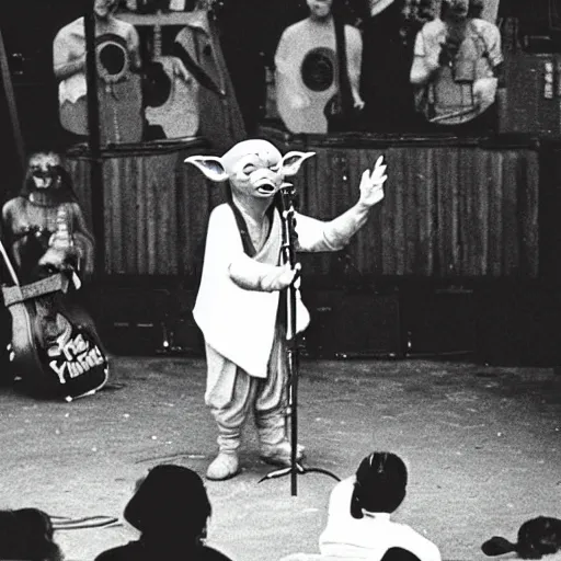 Image similar to yoda performing at woodstock