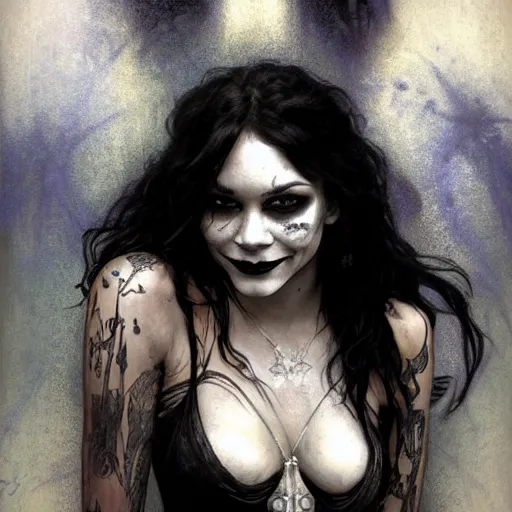 Image similar to beautiful portrait of vanessa hudgens as death from sandman, smiling, by cedric peyravernay, alphonse mucha, by jeremy mann, by lecouffe deharme, goth chic, soft lightning, eyeliner, punk rock, high detailed, 8 k