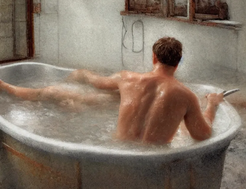 Prompt: jerma 9 8 5 cooking mince meat in a bath tub, back view, cottage core, cinematic focus, polaroid photo bleached vintage pastel colors high - key lighting, soft lights, foggy, by steve hanks, by lisa yuskavage, by serov valentin, by tarkovsky, 8 k render, detailed, oil on canvas