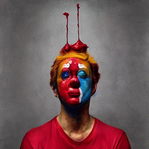 Image similar to clown cried with bloods, art by joongwon charles jeong, tjalf sparnaay, gottfried helnwein, roberto bernardi, emanuele dascanio, robin eley, eloy morales