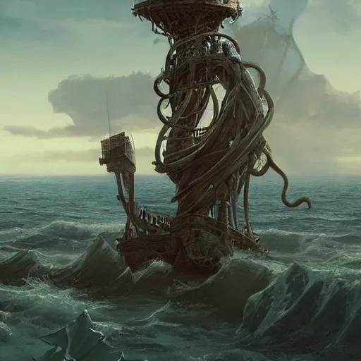 Image similar to pirate on ship's crow nest watching for a land , giant tentacles coming up from the sea ,hyperdetailed,hyperrealistic,photorealistic,art by trevor henderson,greg rutkowski,artstation,deviantart