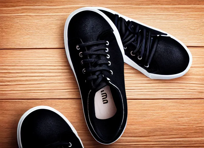 Prompt: clear highly detailed photorealistic topdown mockup product photograph of a realistic pair of black sneakers on a wooden background