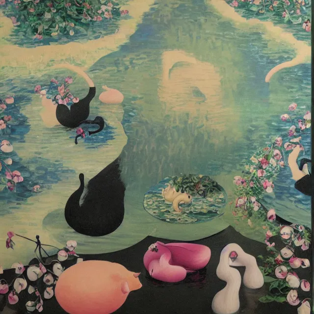 Image similar to painting of flood waters inside an artist's feminine bedroom, female emo art student, a river flooding indoors, pomegranates, pigs, ikebana, water, octopus, river, rapids, waterfall, black swans, canoe, berries, acrylic on canvas, surrealist, by magritte and monet