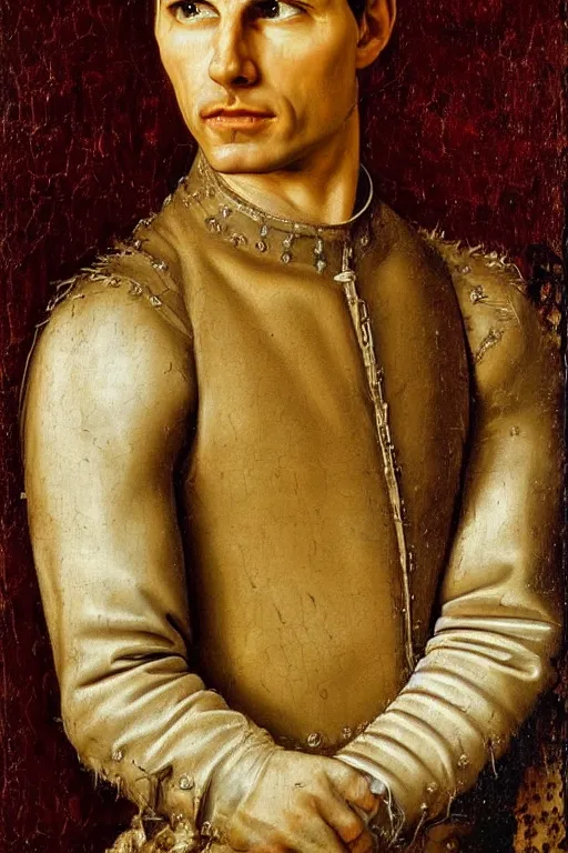 Image similar to renaissance 1 6 0 0 portrait of tom cruise, oil painting by jan van eyck, northern renaissance art, oil on canvas, wet - on - wet technique, realistic, expressive emotions, intricate textures, illusionistic detail