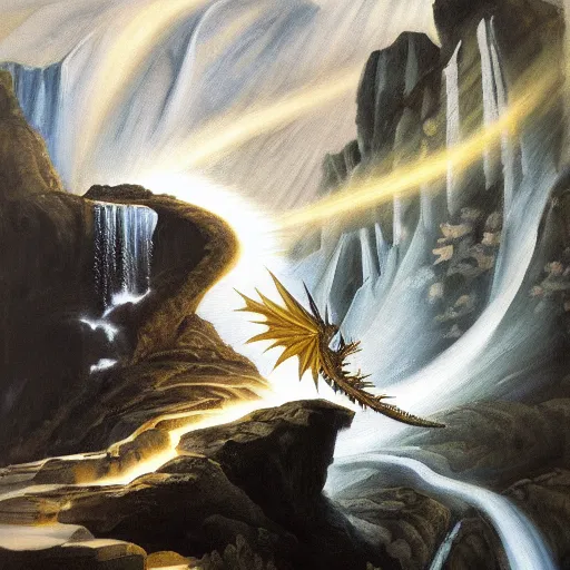 Image similar to oil painting of a dragon flying in the air near a cave with a waterfall in the center, light emanating from the waterfall leading to a big pool of water, dragon has black and white siberian tigerlike stripes, elegant, sharp focus, wide shot, clear, detailed, early renaissance