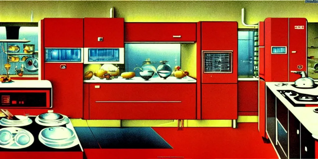 Image similar to soviet retro - futuristic kitchen by drew struzan