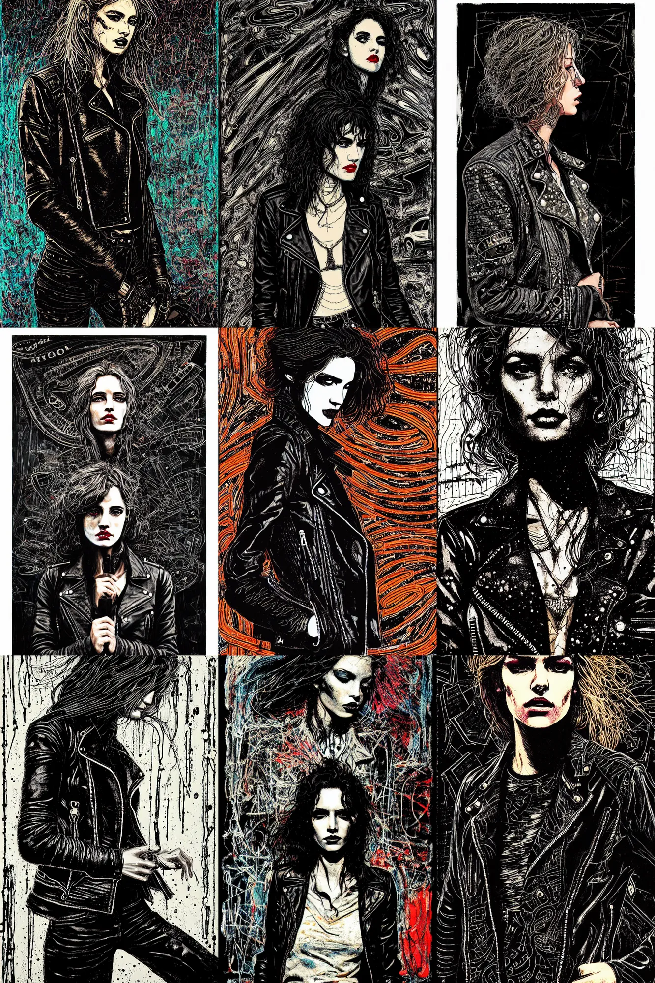 Prompt: dreamy rock girl, black leather jacket, detailed acrylic, grunge, intricate complexity, by dan mumford and by alberto giacometti, peter lindbergh, william stout