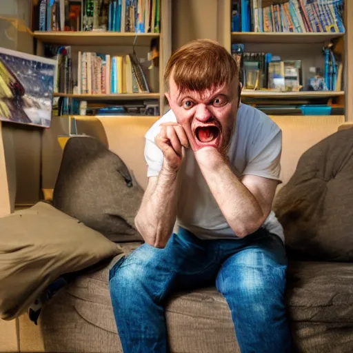 Image similar to crazy scottish man getting angry playing a computer game, photo real, dslr camera, 4 k, ray tracing