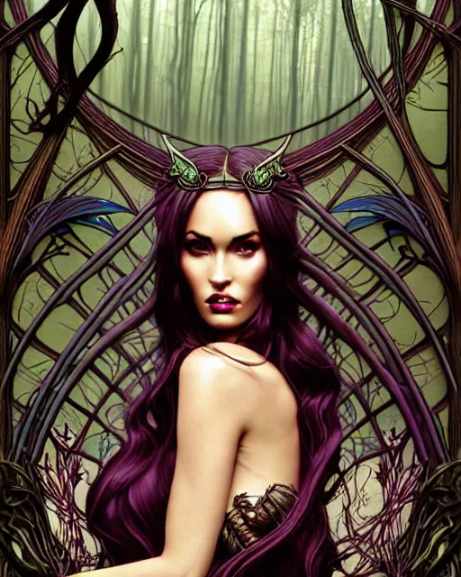 Image similar to new art nouveau closeup portrait of fantasy succubus megan fox wearing a royal dress in an evil forest, anna dittmann, moebius, wlop, artgerm, patrick nagle, charlie bowater and loish. long windblown hair, ultrasharp focus, dramatic lighting, barbwire vine arches, photorealistic digital matte painting, intricate, dark souls