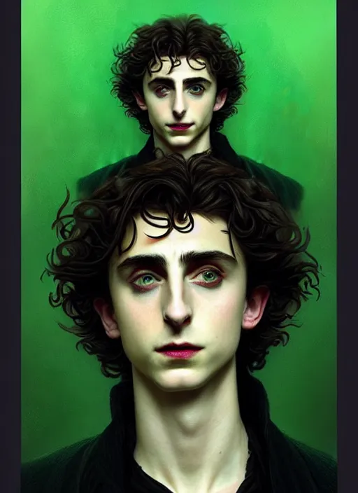 Image similar to portrait of timothee chalamet as a vampire lord, greek, emerald, intricate, headshot, highly detailed, digital painting, artstation, concept art, sharp focus, cinematic lighting, illustration, art by artgerm and greg rutkowski, alphonse mucha, cgsociety