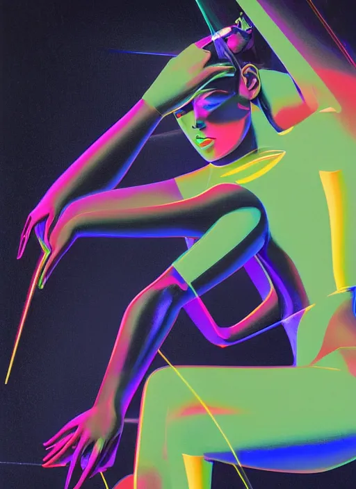 Prompt: futuristic lasers tracing, colorsmoke, fullbodysuit, pyramid hoodvisor, raindrops, wet, oiled, beautiful cyborg girl aphrodite pinup, by steven meisel, kaws, rolf armstrong, cubist perfect geometry abstract acrylic, octane hyperrealism photorealistic airbrush collage painting, monochrome, neon fluorescent colors, minimalist rule of thirds, eighties eros