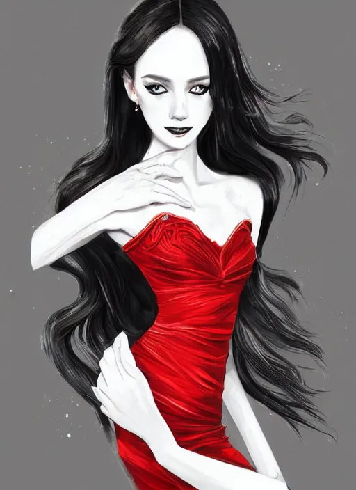 Prompt: a highly detailed illustration of elegant beautiful long black hair white woman wearing a red and black dress, dramatic smile pose, perfect face, intricate, elegant, highly detailed, centered, digital painting, artstation, concept art, smooth, sharp focus, league of legends concept art, WLOP