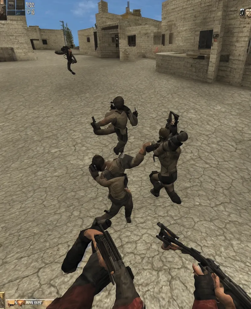 Prompt: lovers dancing in in counter strike with guns in their hands, first person shooter point of view