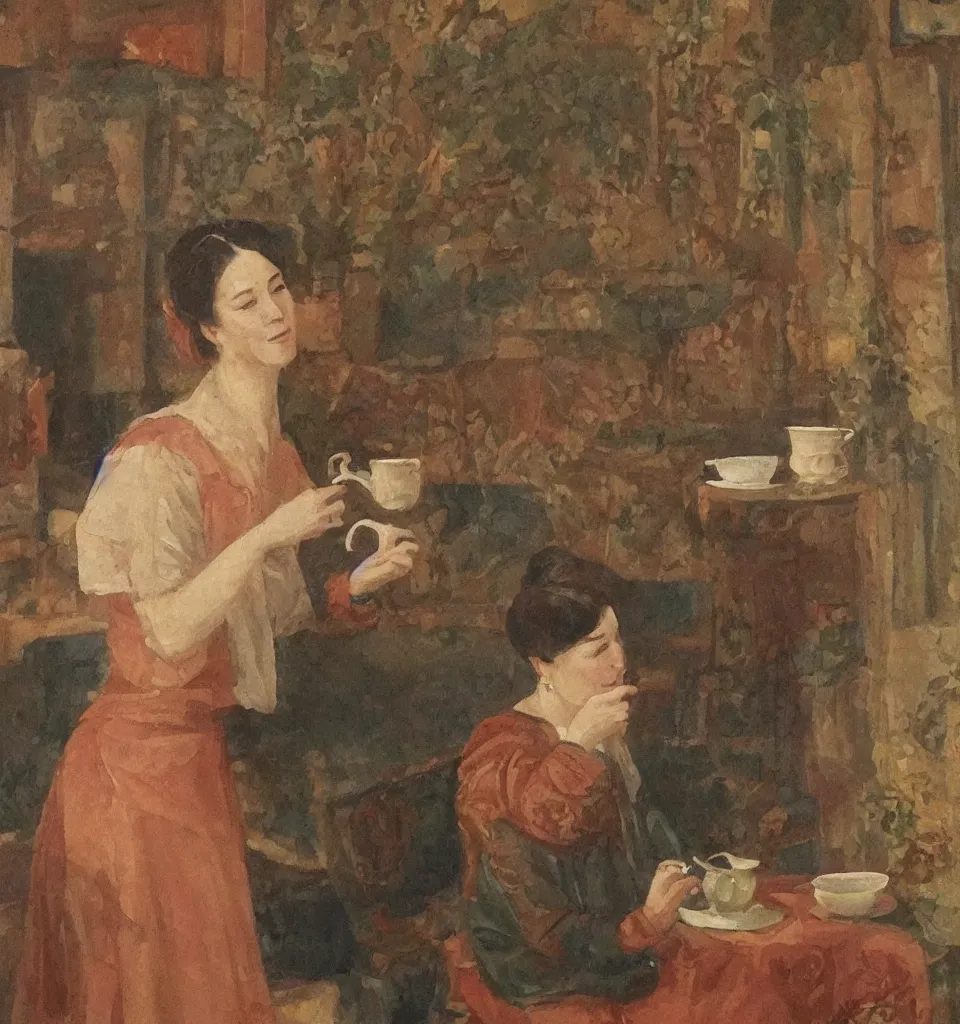 Image similar to rennaisance painting of a woman drinking tea, fine art