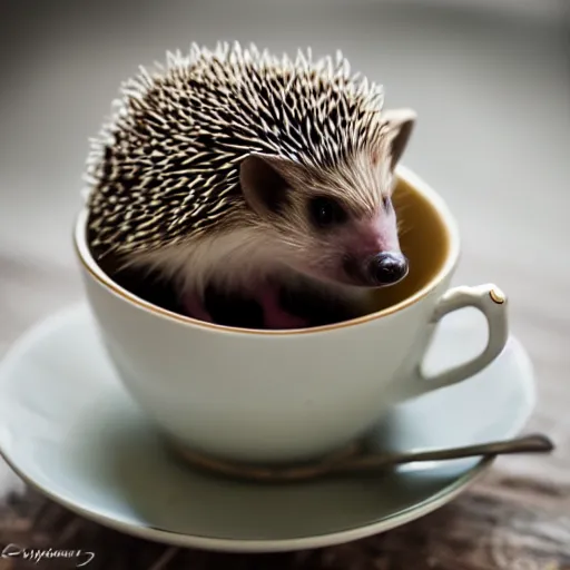 Image similar to baby hedgehog in a teacup, photography, bokeh, sigma 5 0 mm f / 1. 4, minimalistic, 8 k