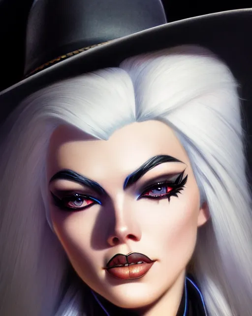 Image similar to ashe from overwatch, white hair, black cowboy hat, character portrait, portrait, close up, highly detailed, intricate detail, amazing detail, sharp focus, vintage fantasy art, vintage sci - fi art, radiant light, caustics, by boris vallejo