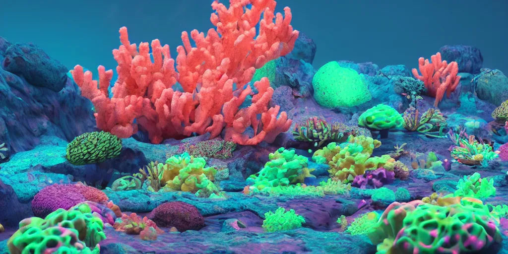 Image similar to majestic neon glowing coral reef by fabian jimenez and Jonathan solter, hyper realism, octane render